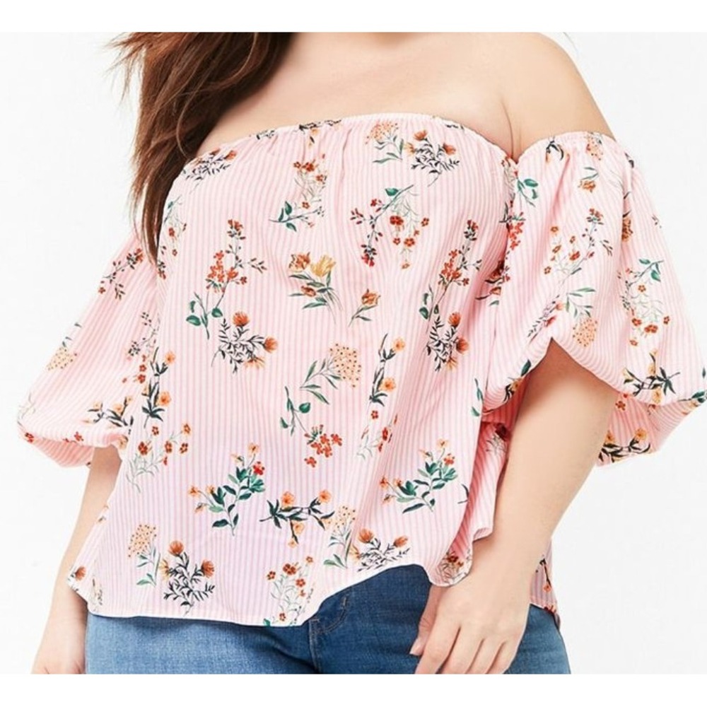 Forever 21 2X Off The Shoulder Top Shirt Pink Stripe Floral Bell Sleeve
